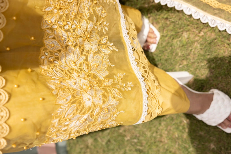 Maria B Luxe Inspired Ladies Yellow Chikan Kari Eid Outfit