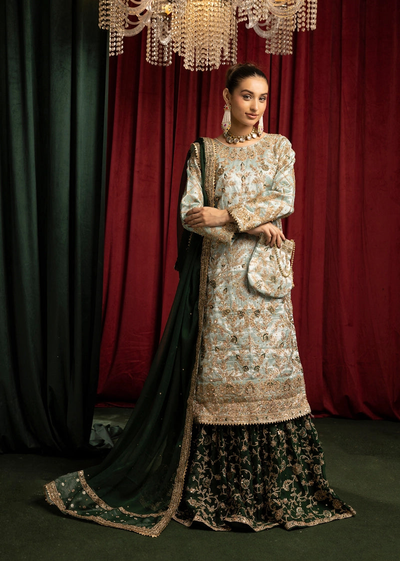 Hussain Rehar Inspired Raw Silk 3 Piece Green Farshi Gharara Outfit - Desi Posh