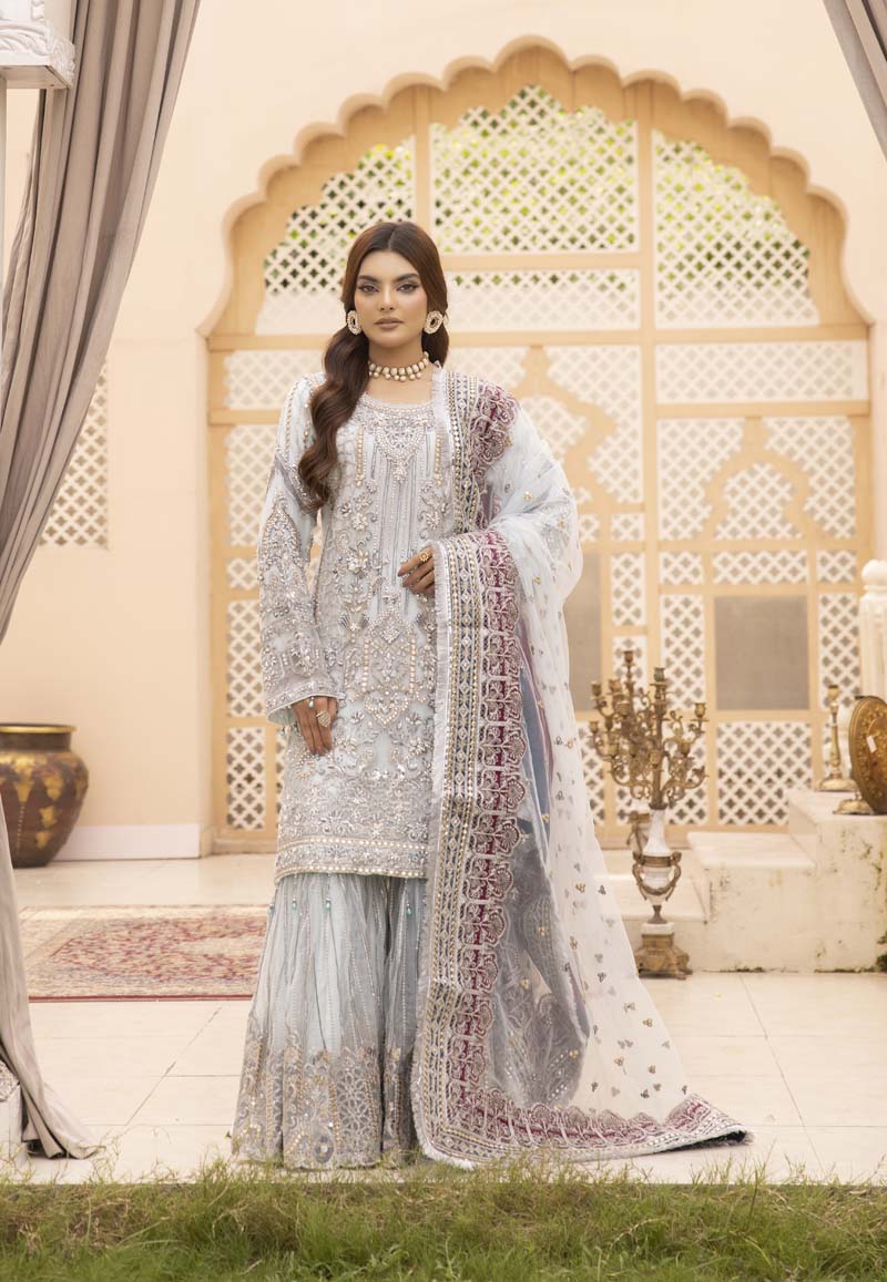 Imrozia Premium Inspired Embroidered Blue 3 Piece Wedding Gharara Outfit - Desi Posh