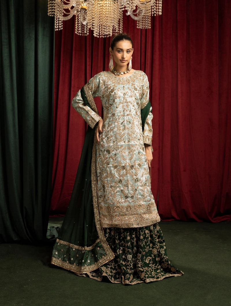 Hussain Rehar Inspired Raw Silk 3 Piece Green Farshi Gharara Outfit - Desi Posh