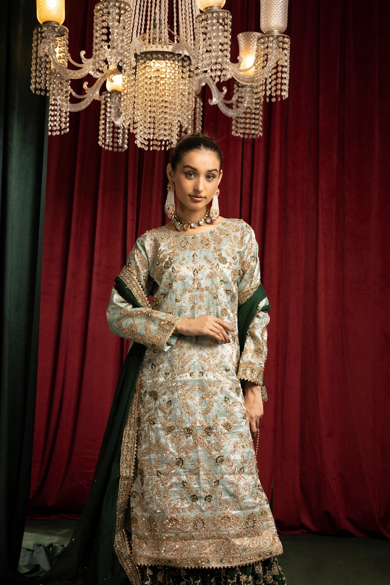 Hussain Rehar Inspired Raw Silk 3 Piece Green Farshi Gharara Outfit - Desi Posh