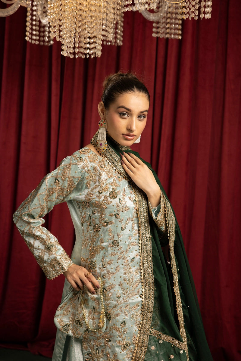 Hussain Rehar Inspired Raw Silk 3 Piece Green Farshi Gharara Outfit - Desi Posh