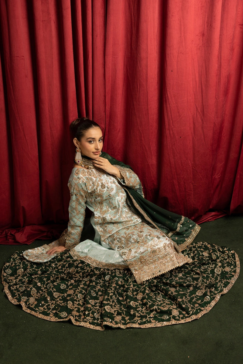 Hussain Rehar Inspired Raw Silk 3 Piece Green Farshi Gharara Outfit - Desi Posh