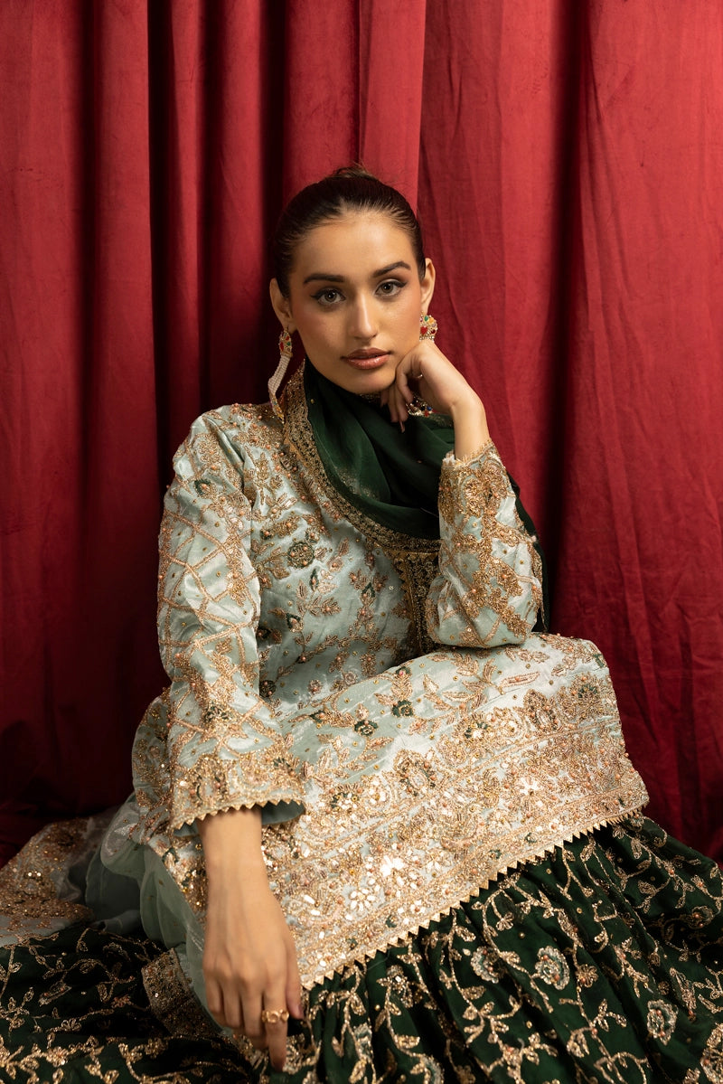 Hussain Rehar Inspired Raw Silk 3 Piece Green Farshi Gharara Outfit - Desi Posh