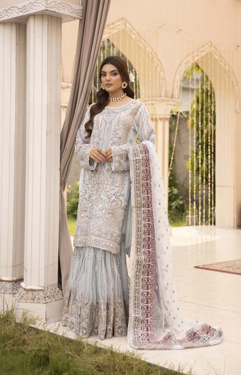 Imrozia Premium Inspired Embroidered Blue 3 Piece Wedding Gharara Outfit - Desi Posh