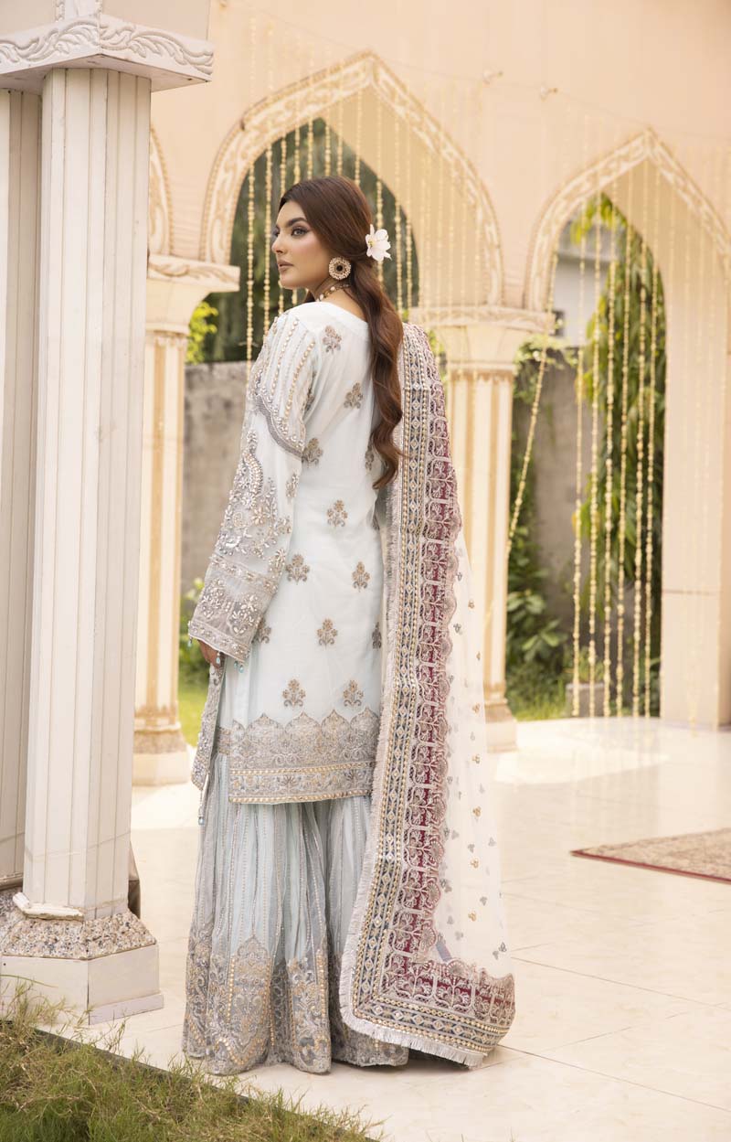 Imrozia Premium Inspired Embroidered Blue 3 Piece Wedding Gharara Outfit - Desi Posh