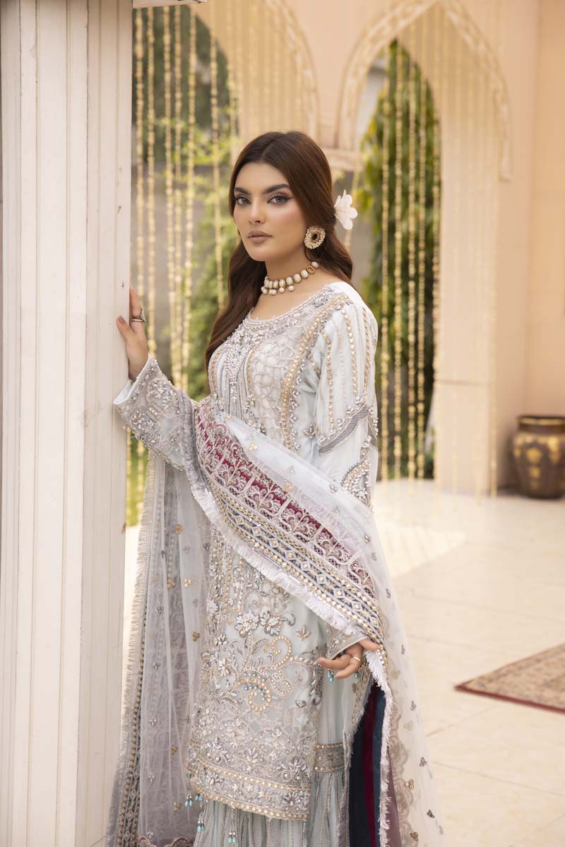 Imrozia Premium Inspired Embroidered Blue 3 Piece Wedding Gharara Outfit - Desi Posh
