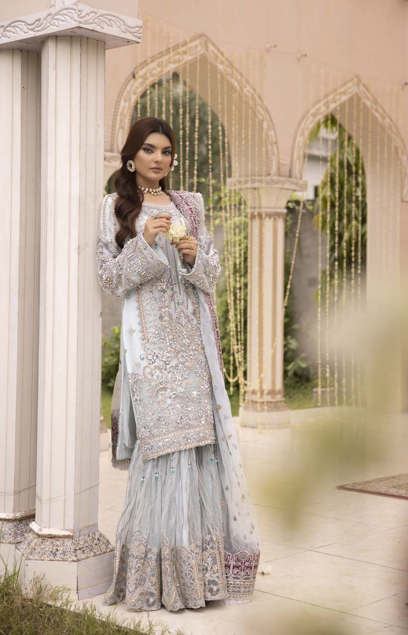 Imrozia Premium Inspired Embroidered Blue 3 Piece Wedding Gharara Outfit - Desi Posh