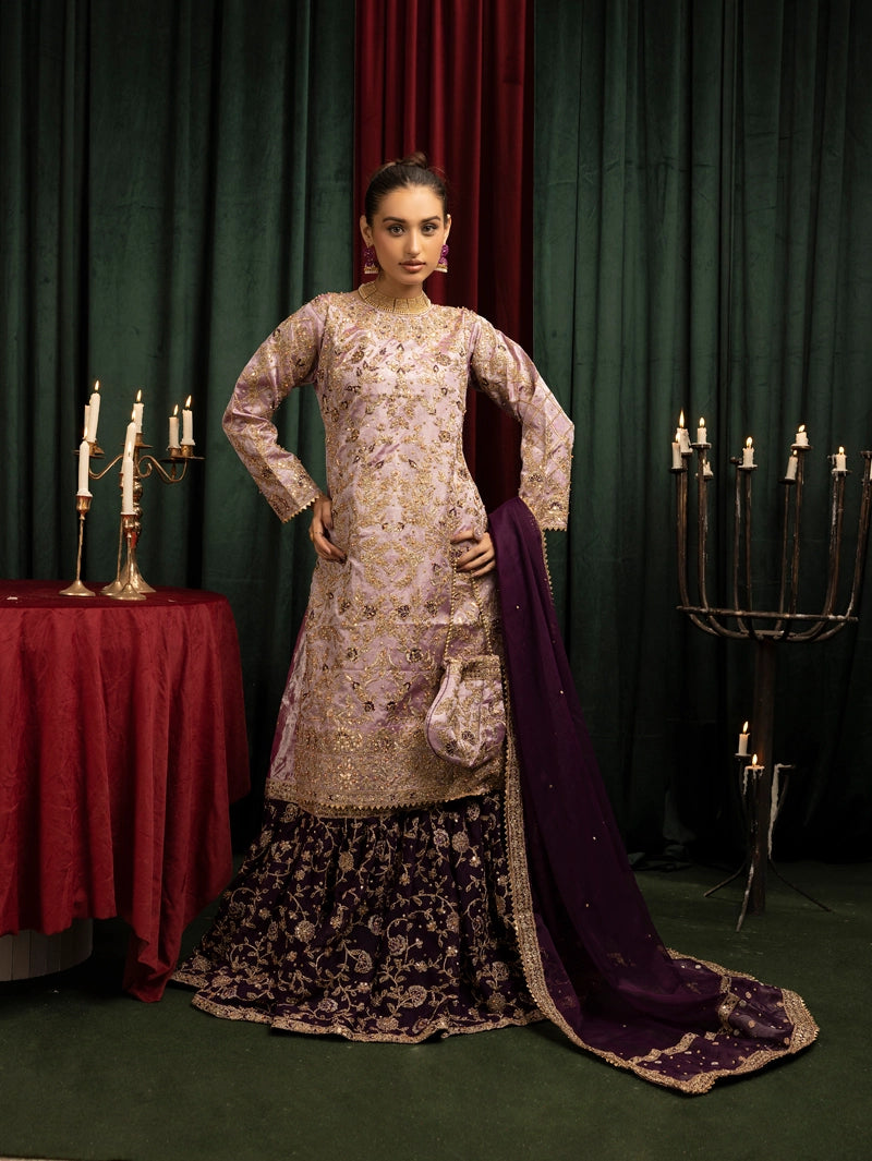 Hussain Rehar Inspired Raw Silk 3 Piece Lilac Farshi Gharara Outfit - Desi Posh