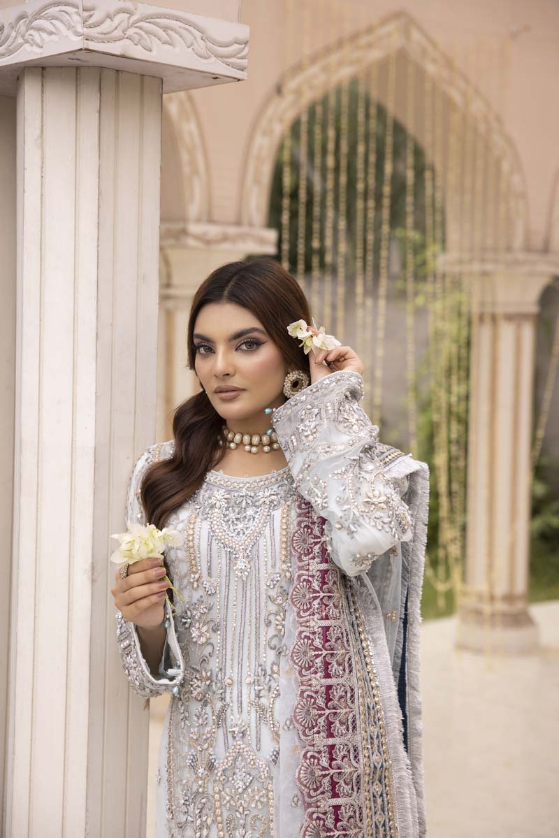 Imrozia Premium Inspired Embroidered Blue 3 Piece Wedding Gharara Outfit - Desi Posh