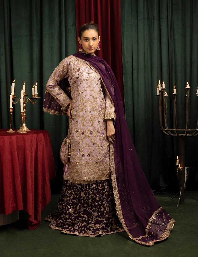 Hussain Rehar Inspired Raw Silk 3 Piece Lilac Farshi Gharara Outfit - Desi Posh