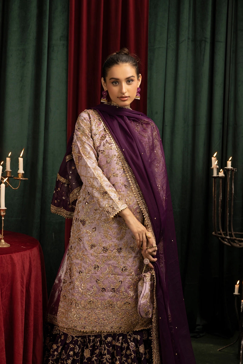 Hussain Rehar Inspired Raw Silk 3 Piece Lilac Farshi Gharara Outfit - Desi Posh
