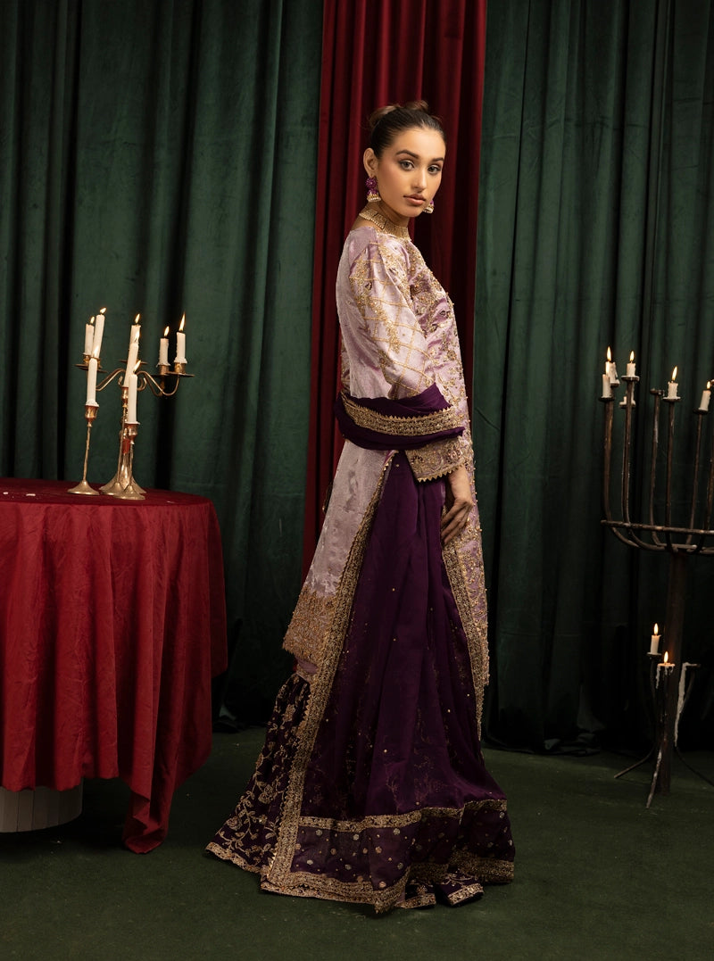 Hussain Rehar Inspired Raw Silk 3 Piece Lilac Farshi Gharara Outfit - Desi Posh