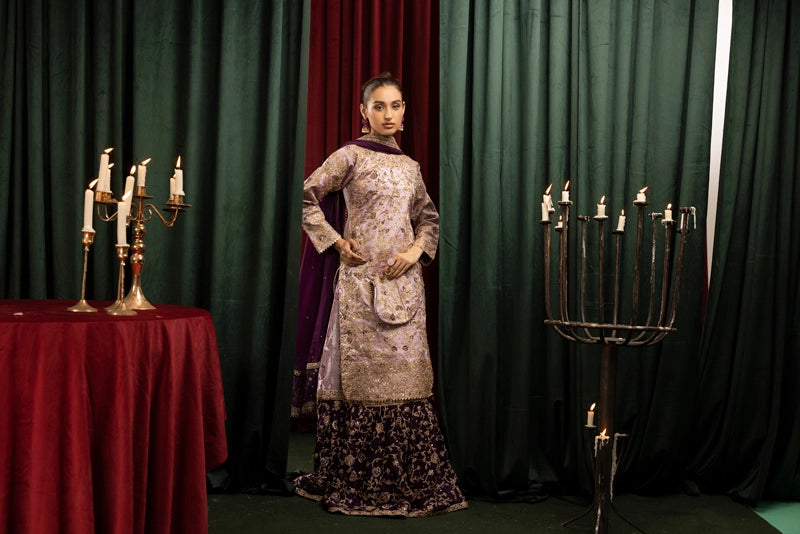Hussain Rehar Inspired Raw Silk 3 Piece Lilac Farshi Gharara Outfit - Desi Posh