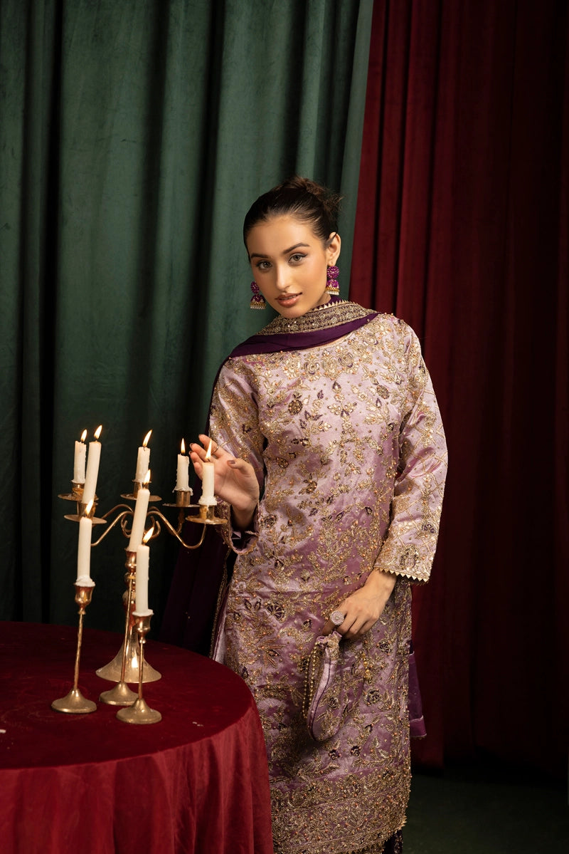 Hussain Rehar Inspired Raw Silk 3 Piece Lilac Farshi Gharara Outfit - Desi Posh