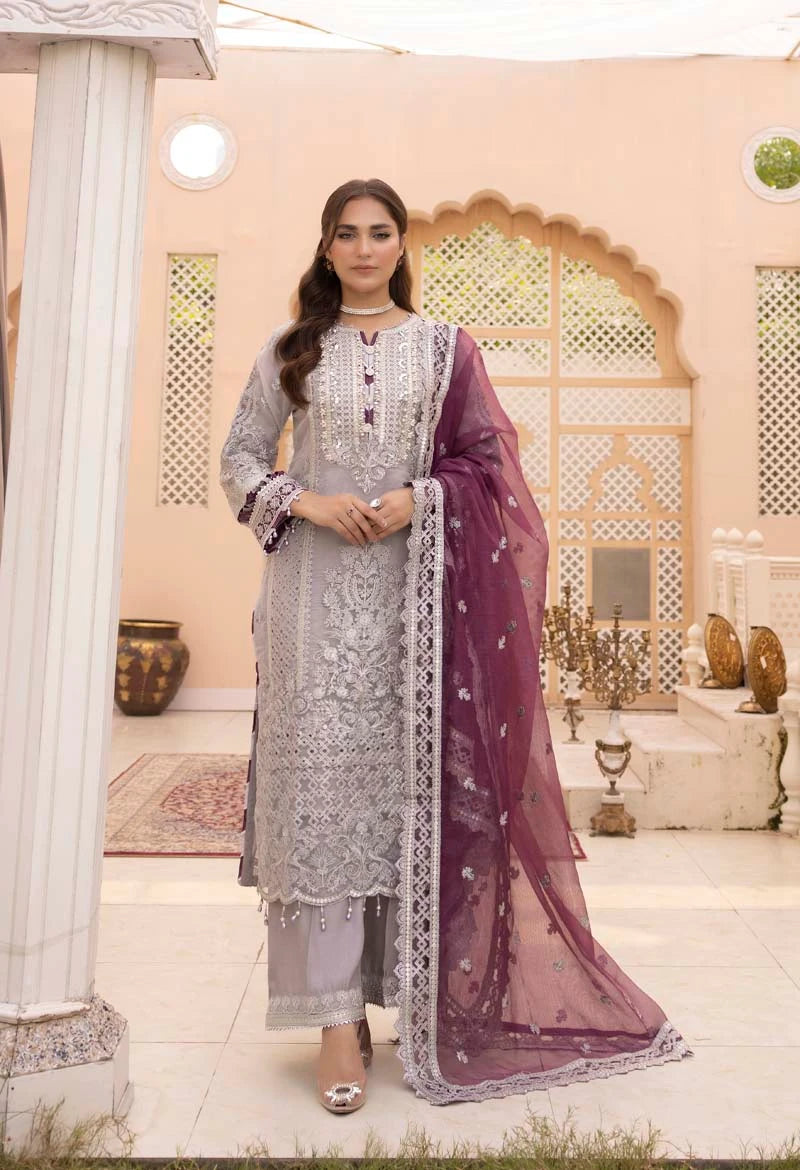 Imrozia Premium Inspired Embroidered 3 Piece Violaceous Wedding Outfit - Desi Posh