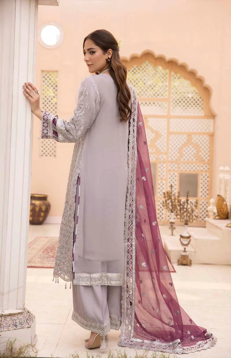 Imrozia Premium Inspired Embroidered 3 Piece Violaceous Wedding Outfit - Desi Posh