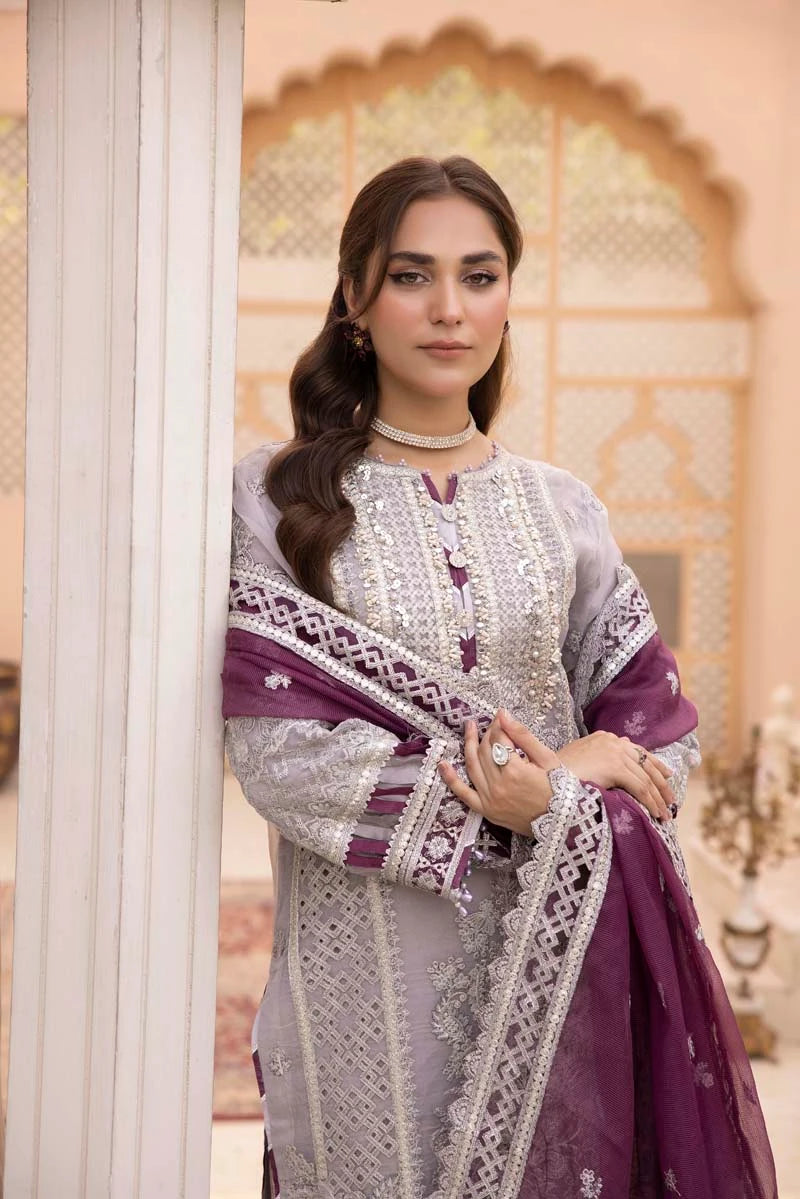 Imrozia Premium Inspired Embroidered 3 Piece Violaceous Wedding Outfit - Desi Posh