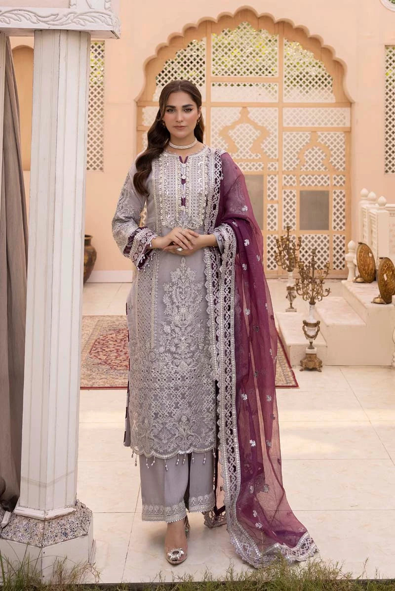 Imrozia Premium Inspired Embroidered 3 Piece Violaceous Wedding Outfit - Desi Posh
