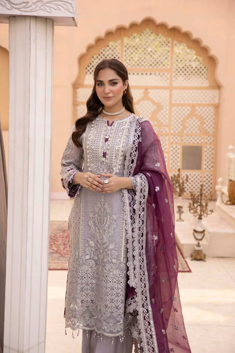 Imrozia Premium Inspired Embroidered 3 Piece Violaceous Wedding Outfit - Desi Posh
