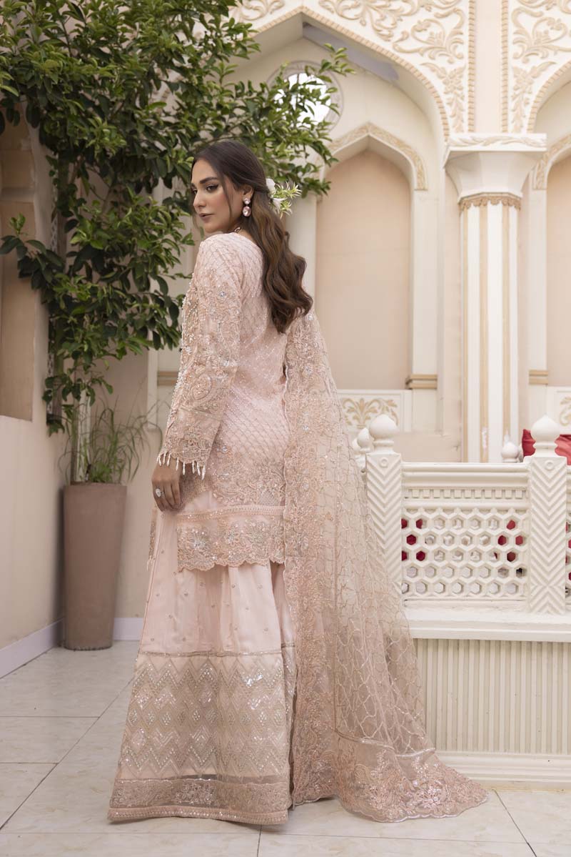 Imrozia Premium Inspired Embroidered Pink 3 Piece Wedding Sharara Outfit - Desi Posh