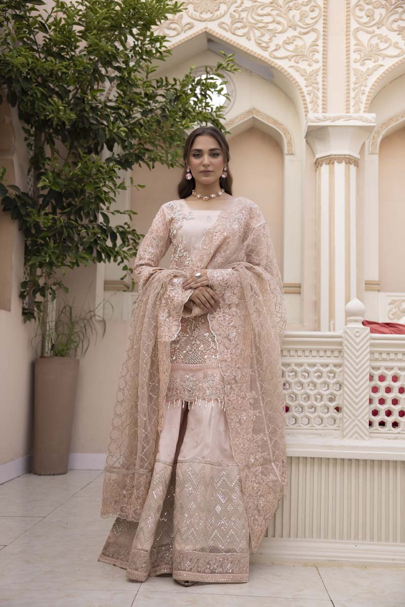 Imrozia Premium Inspired Embroidered Pink 3 Piece Wedding Sharara Outfit - Desi Posh