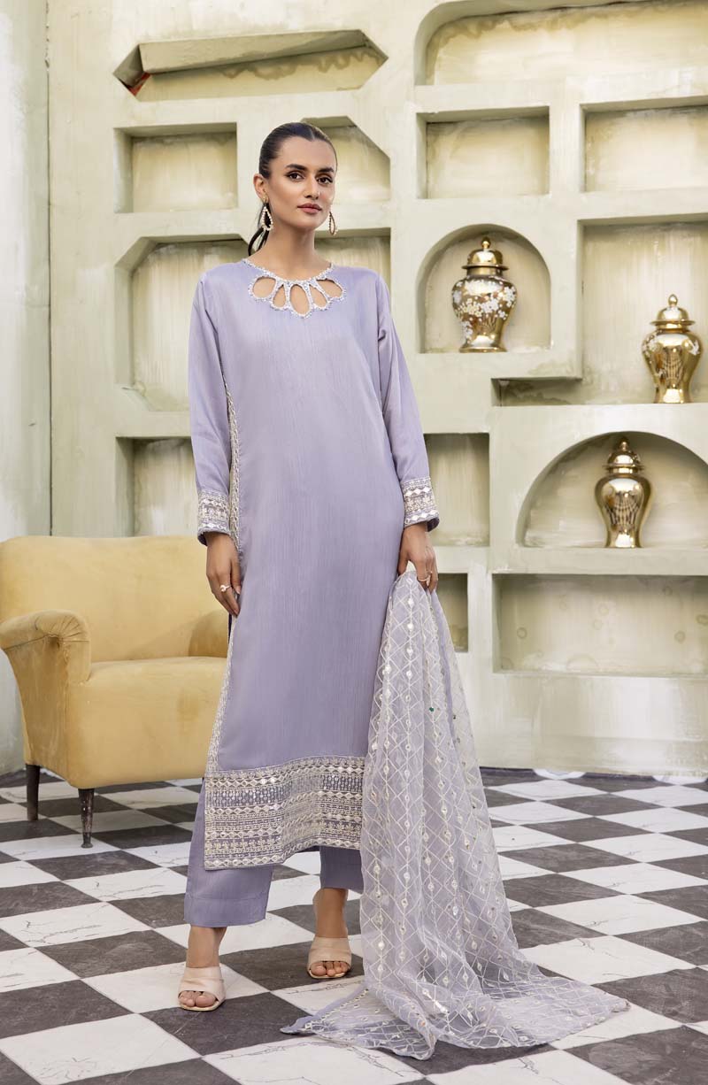 Nakhra 3 Piece Lilac Suit with Embroidered Net Dupatta - Desi Posh