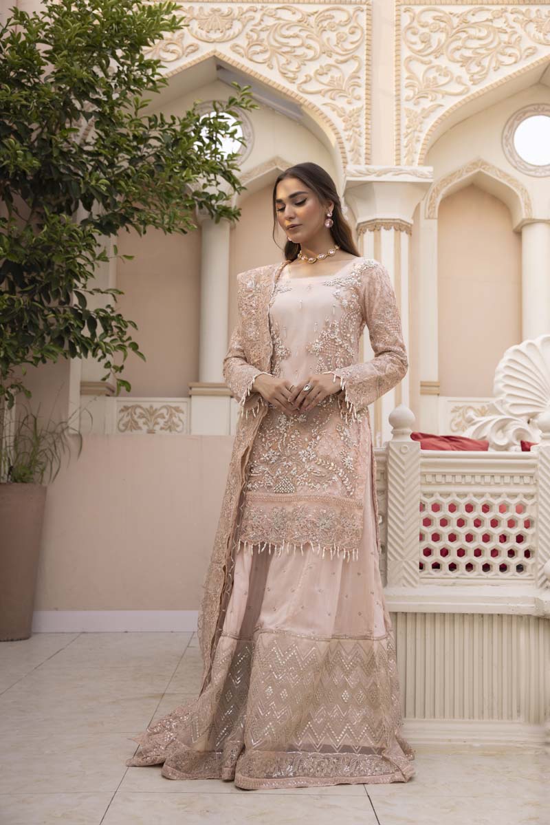 Imrozia Premium Inspired Embroidered Pink 3 Piece Wedding Sharara Outfit - Desi Posh