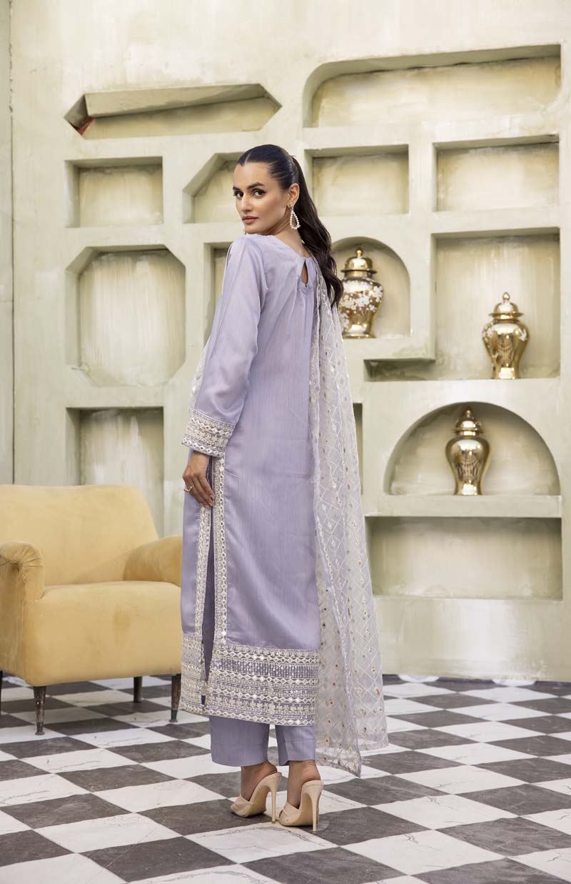 Nakhra 3 Piece Lilac Suit with Embroidered Net Dupatta - Desi Posh