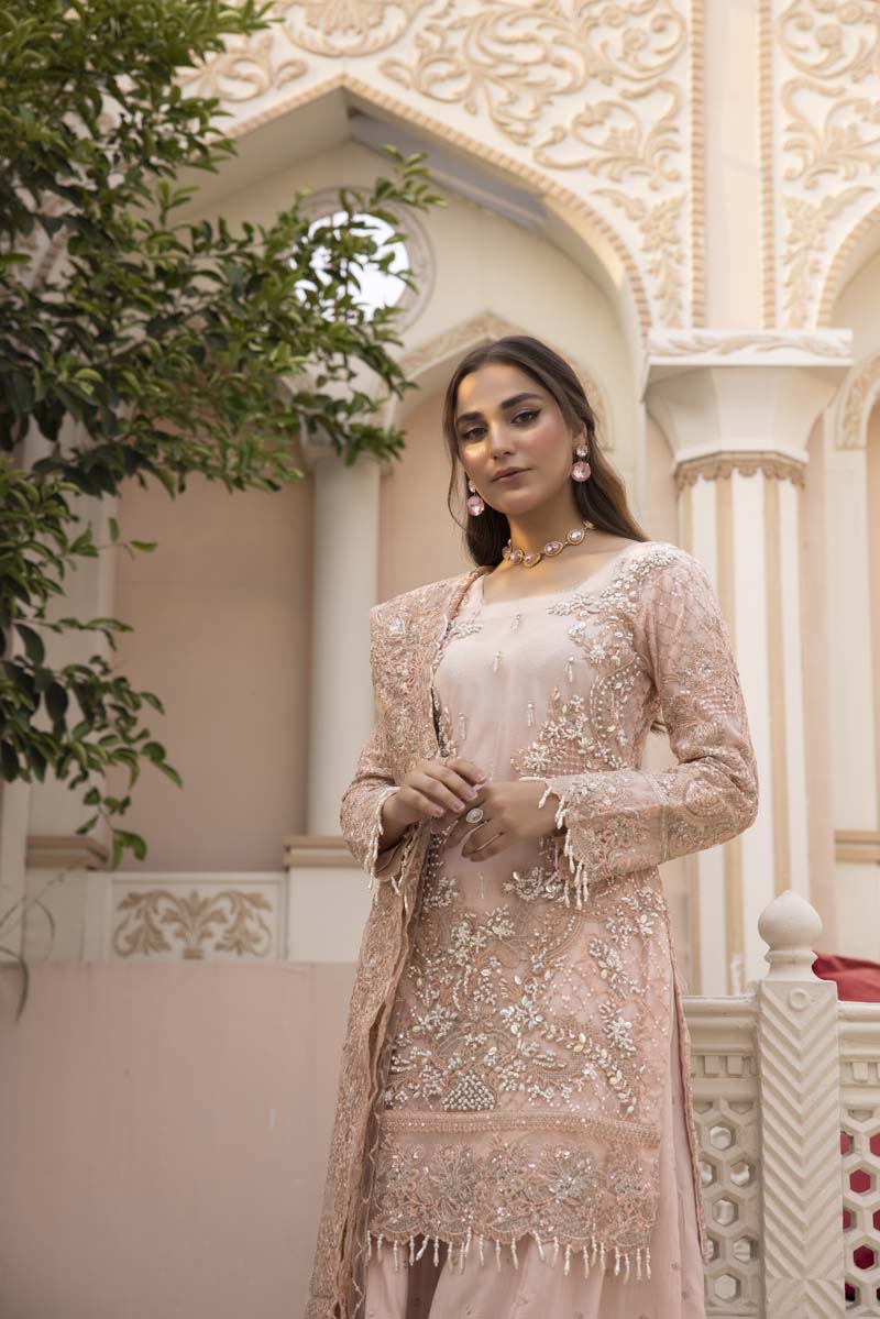 Imrozia Premium Inspired Embroidered Pink 3 Piece Wedding Sharara Outfit - Desi Posh