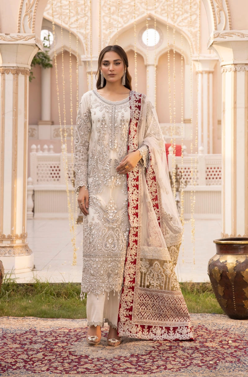 Imrozia Premium Inspired Embroidered 3 Piece White Wedding Outfit - Desi Posh