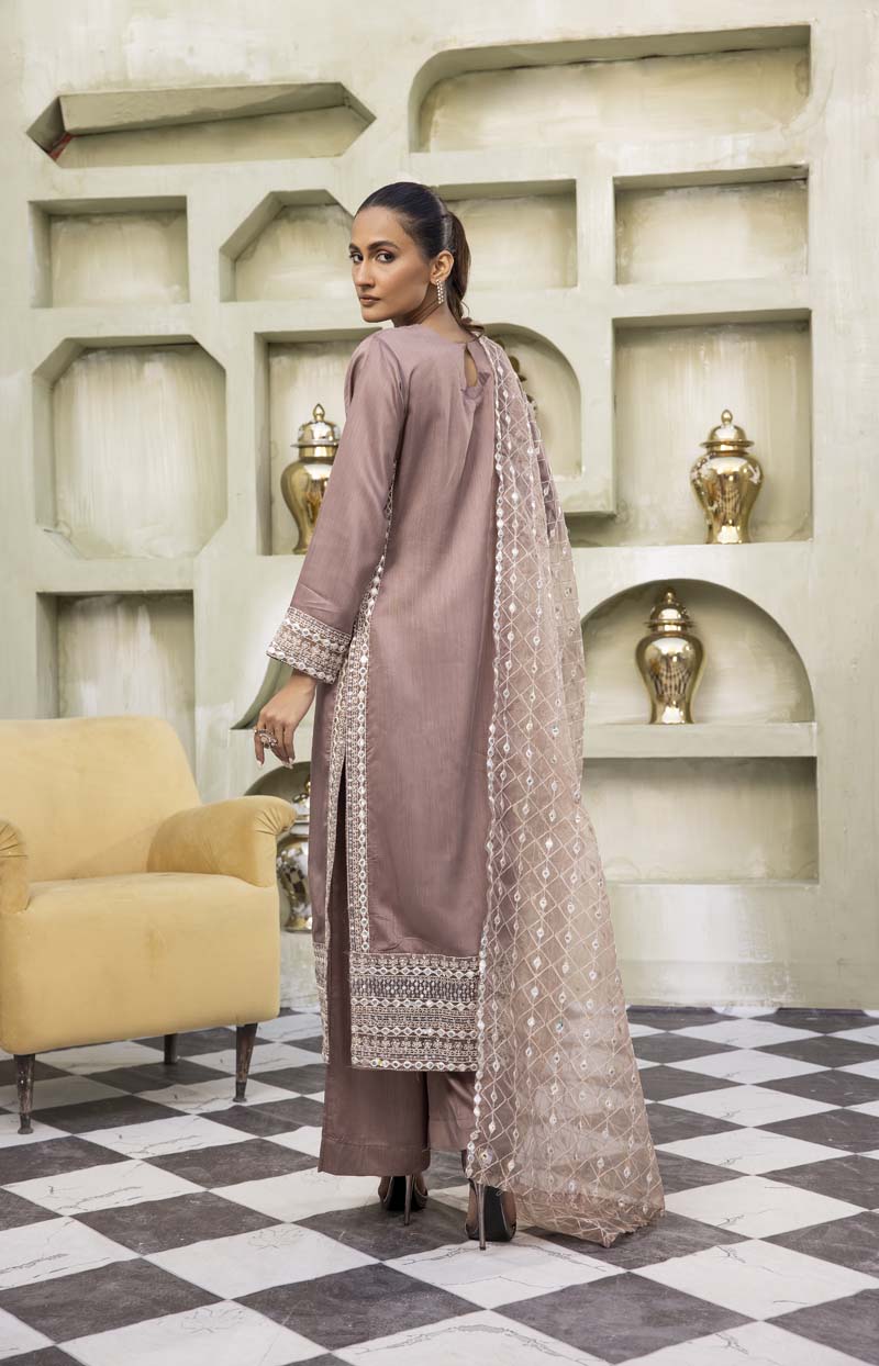 Nakhra 3 Piece Mocha Brown Suit with Embroidered Net Dupatta - Desi Posh