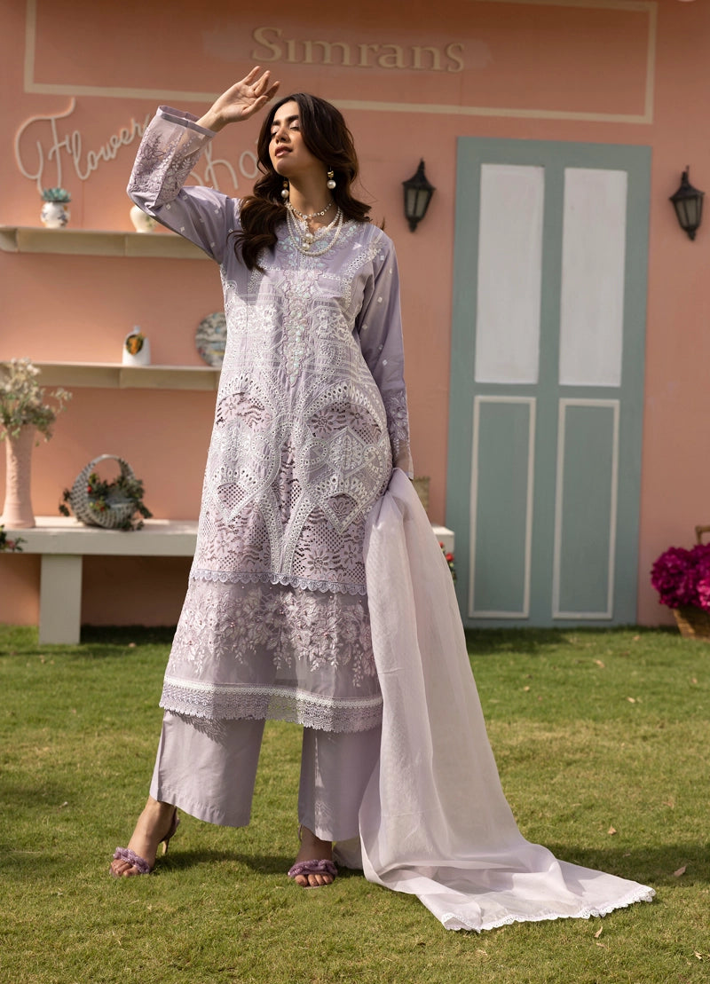 Maria B Luxe Inspired Ladies Lilac Chikan Kari Eid Outfit - Desi Posh