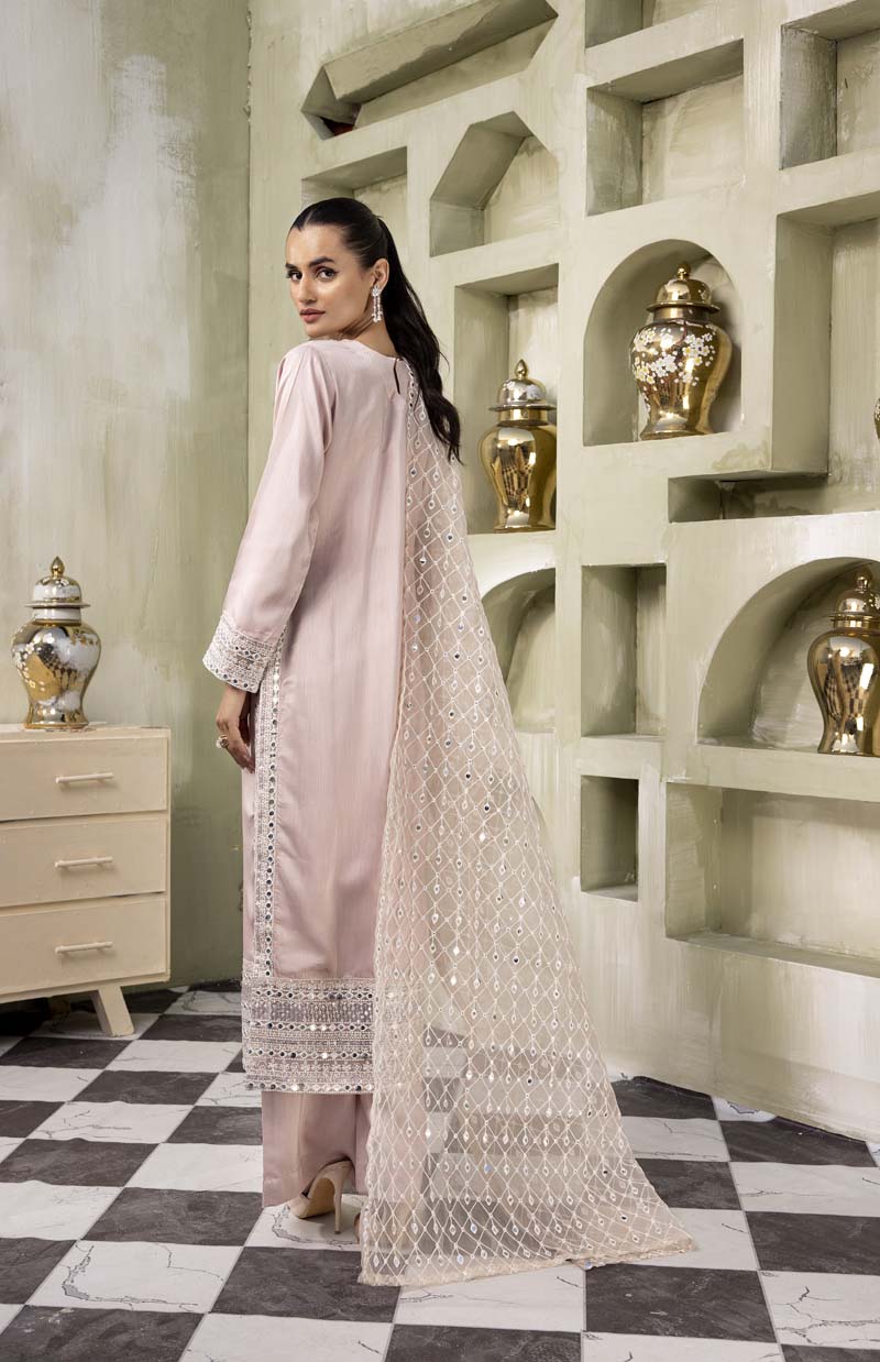 Nakhra 3 Piece Pink Suit with Embroidered Net Dupatta - Desi Posh