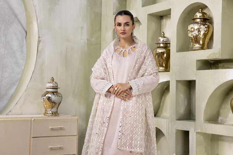 Nakhra 3 Piece Pink Suit with Embroidered Net Dupatta - Desi Posh