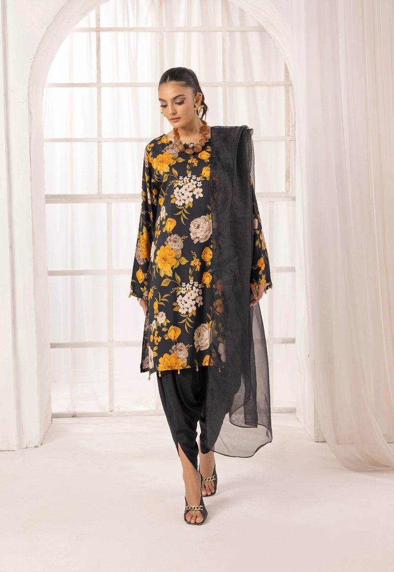 Nakhra 2 Floral Arabic Lawn Suit With Net Dupatta and Tulip Salwar D1