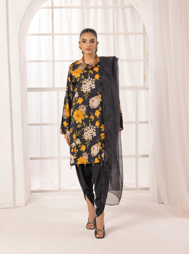 Nakhra 2 Floral Arabic Lawn Suit With Net Dupatta and Tulip Salwar D1