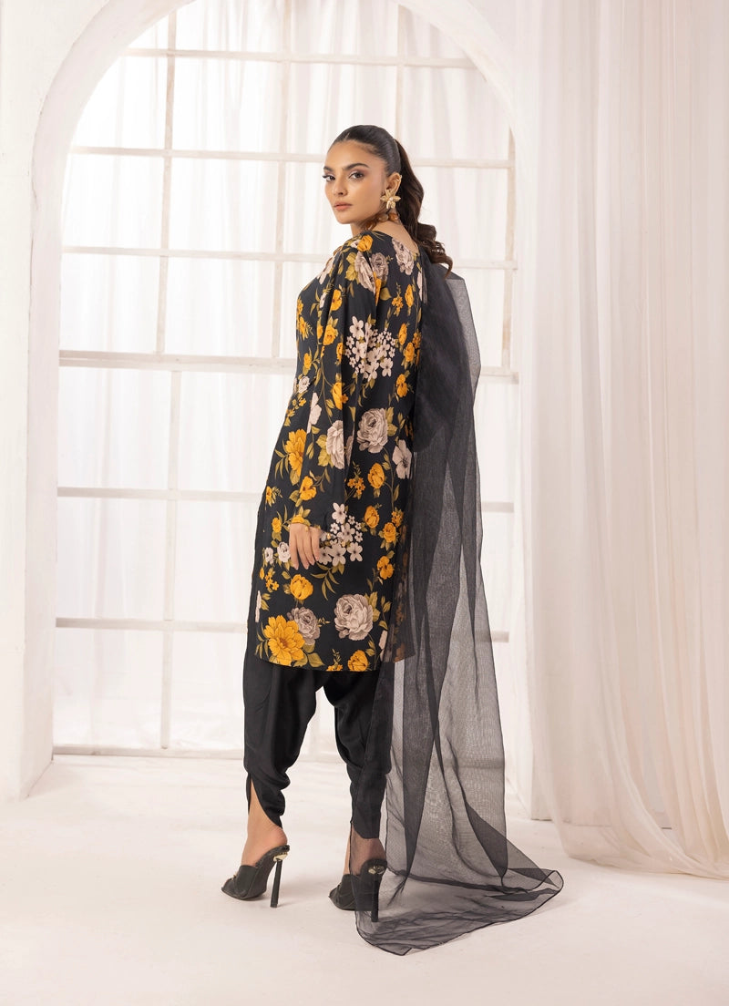 Nakhra 2 Floral Arabic Lawn Suit With Net Dupatta and Tulip Salwar D1