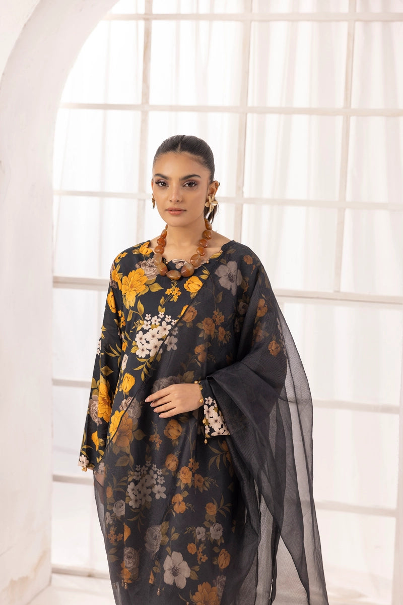 Nakhra 2 Floral Arabic Lawn Suit With Net Dupatta and Tulip Salwar D1