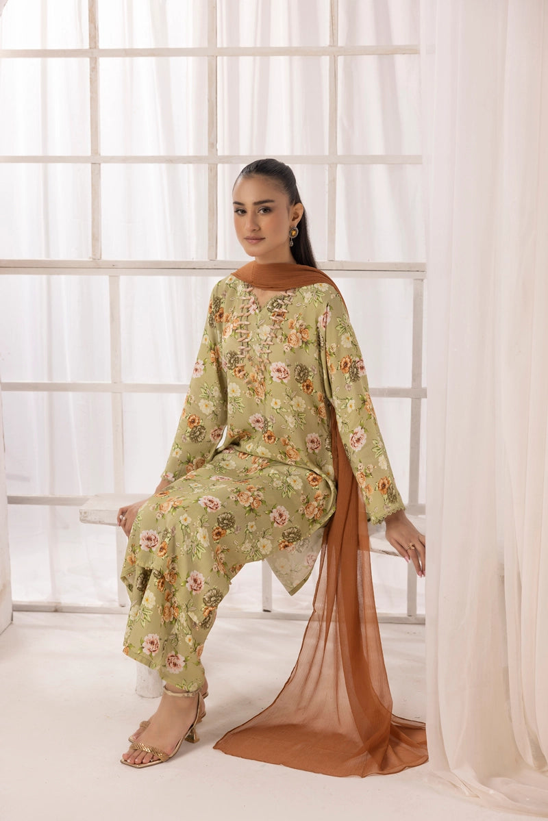Nakhra 2 Floral Arabic Lawn Suit With Chiffon Dupatta D5