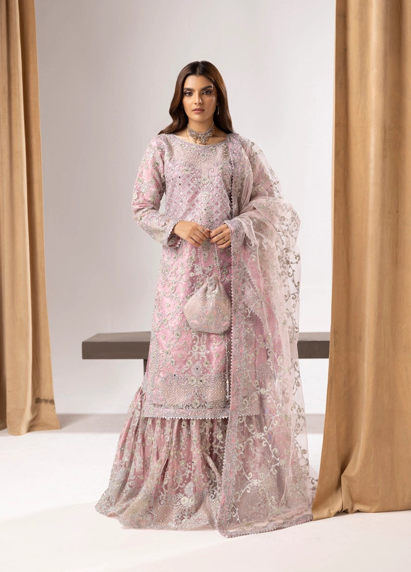 Elegance Ladies Fully Embroidered Wedding Farshi Gharara Oufit Pink