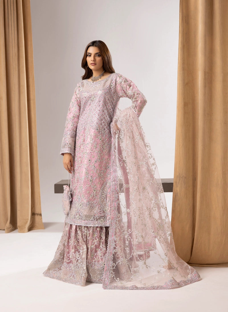 Elegance Ladies Fully Embroidered Wedding Farshi Gharara Oufit Pink