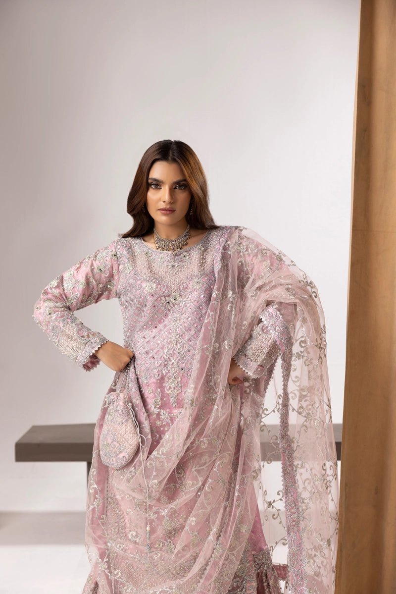 Elegance Ladies Fully Embroidered Wedding Farshi Gharara Oufit Pink