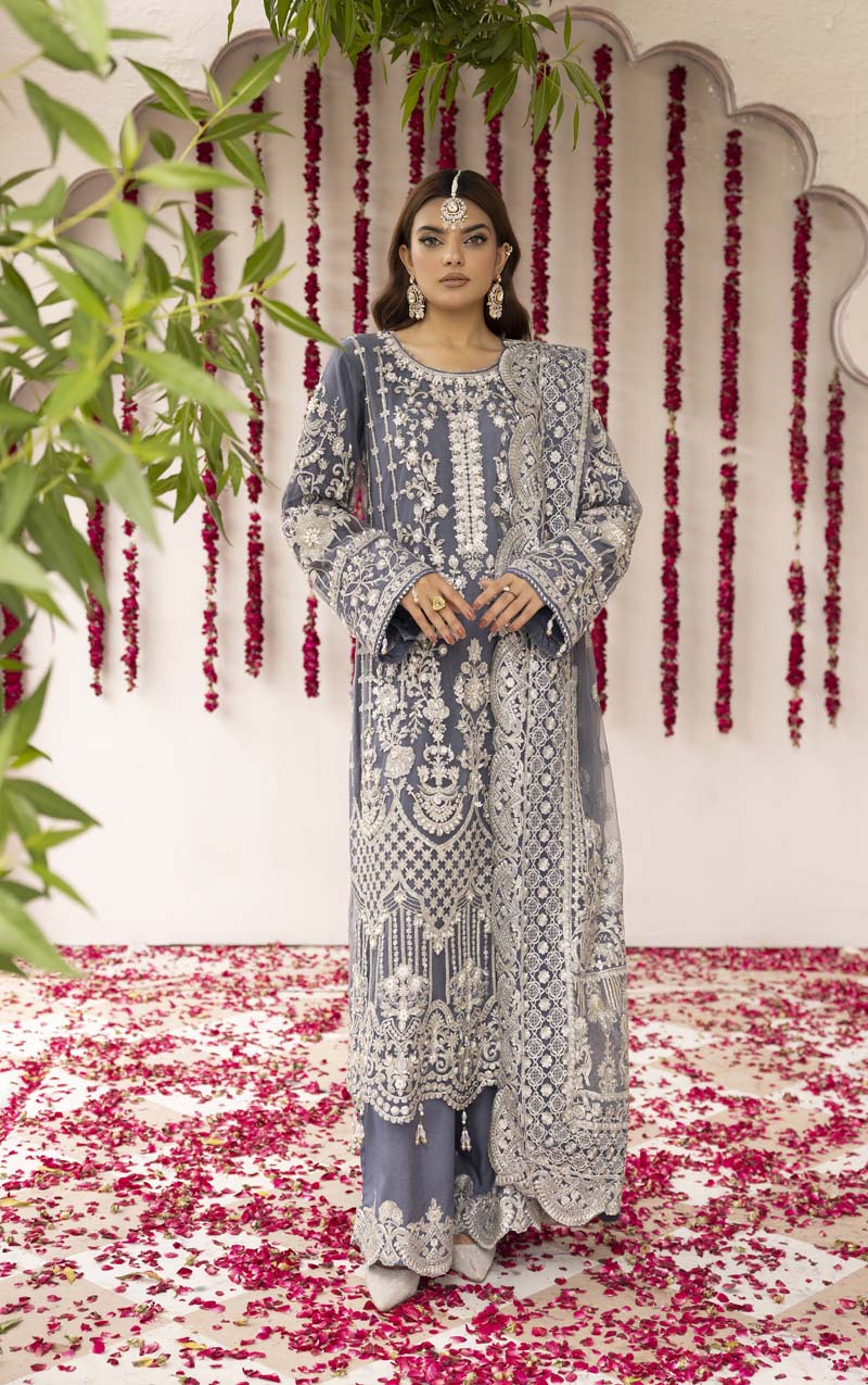 Imrozia Premium Inspired Embroidered 3 Piece Steel Blue Palazzo Wedding Outfit - Desi Posh