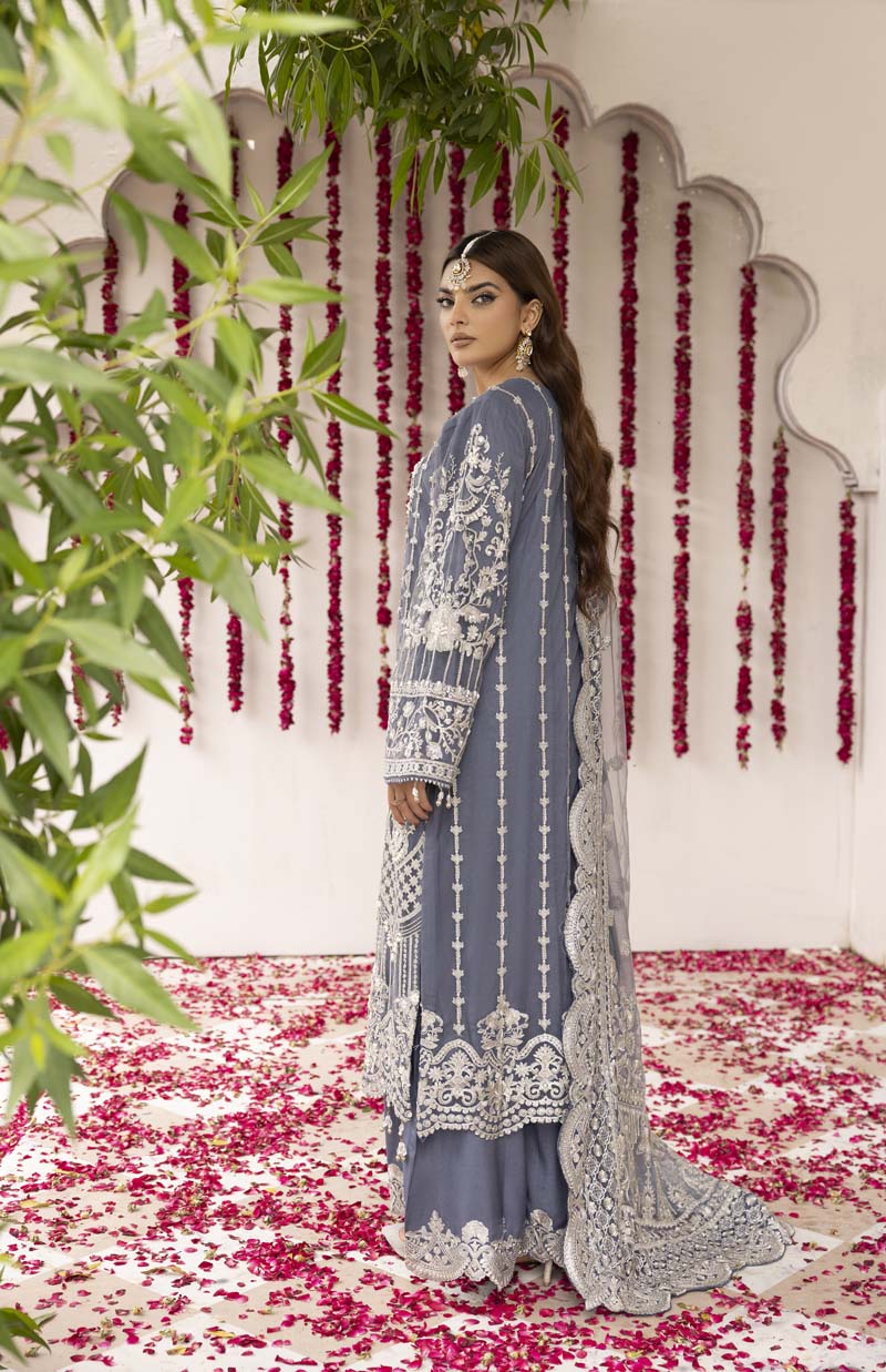 Imrozia Premium Inspired Embroidered 3 Piece Steel Blue Palazzo Wedding Outfit - Desi Posh