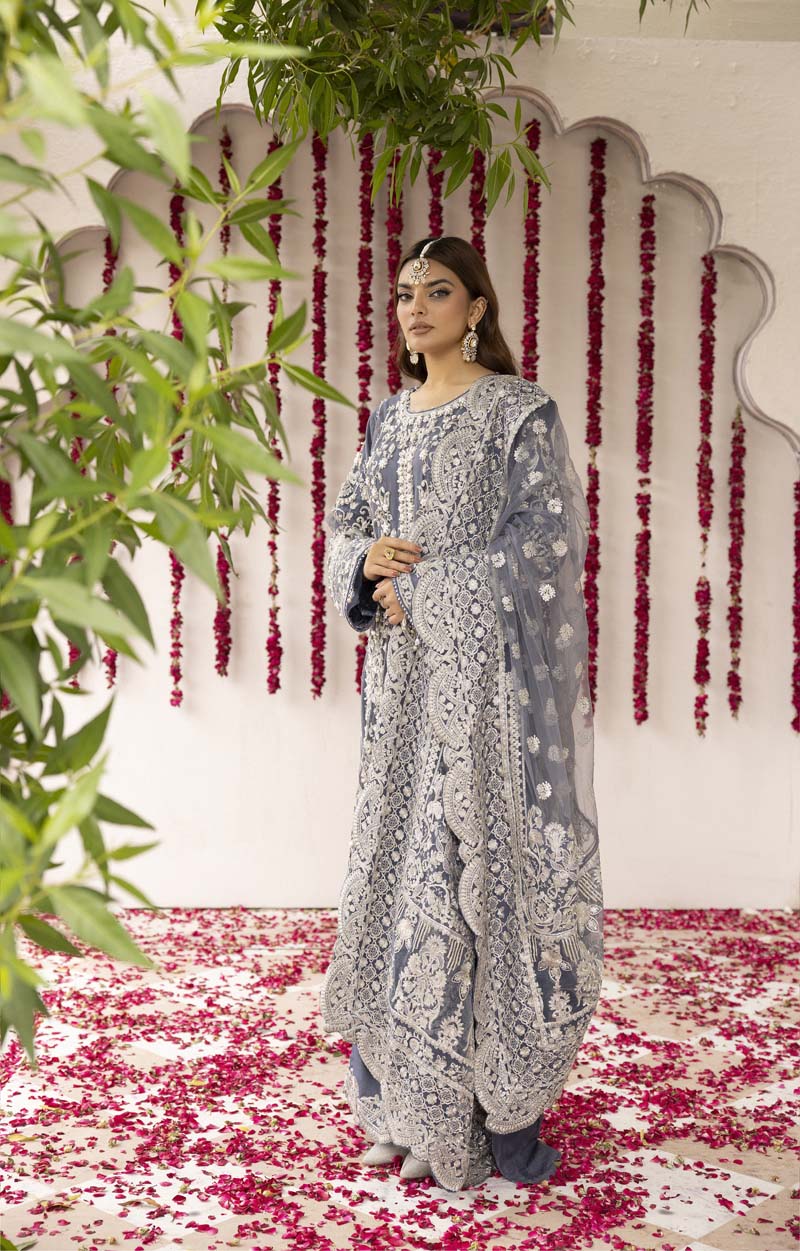 Imrozia Premium Inspired Embroidered 3 Piece Steel Blue Palazzo Wedding Outfit - Desi Posh