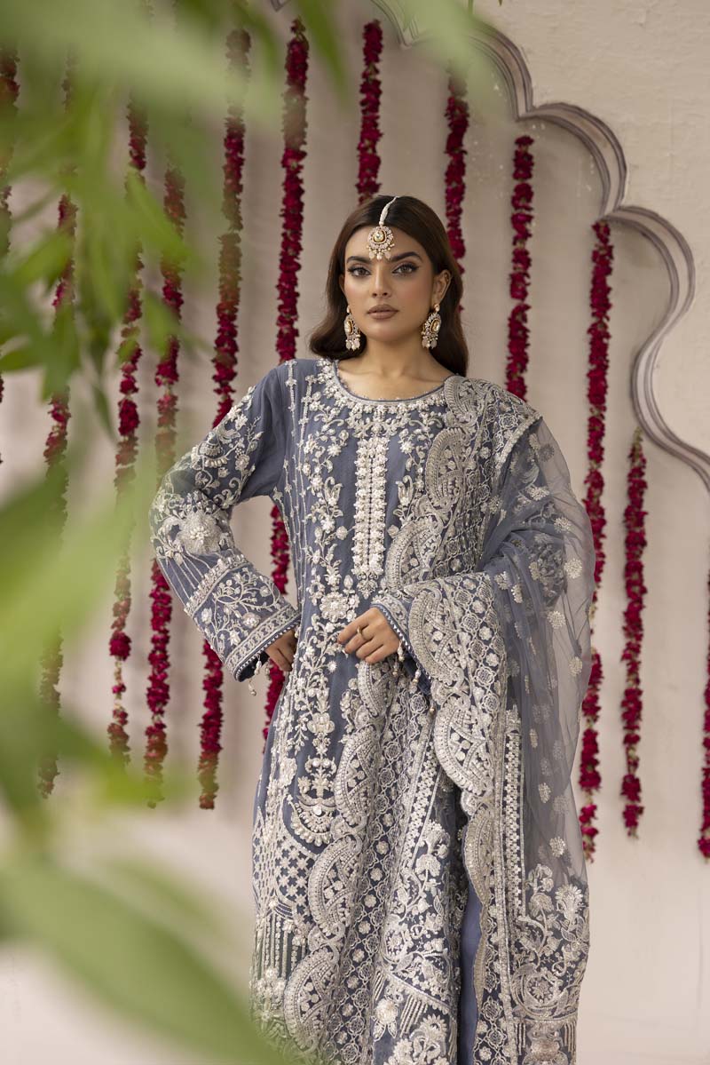 Imrozia Premium Inspired Embroidered 3 Piece Steel Blue Palazzo Wedding Outfit - Desi Posh