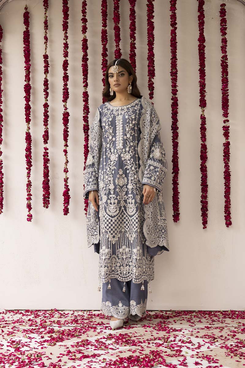 Imrozia Premium Inspired Embroidered 3 Piece Steel Blue Palazzo Wedding Outfit - Desi Posh