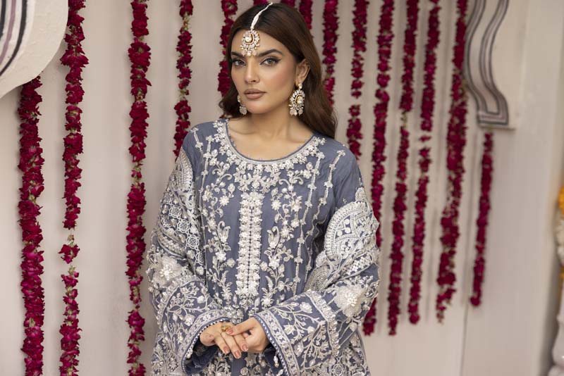 Imrozia Premium Inspired Embroidered 3 Piece Steel Blue Palazzo Wedding Outfit - Desi Posh