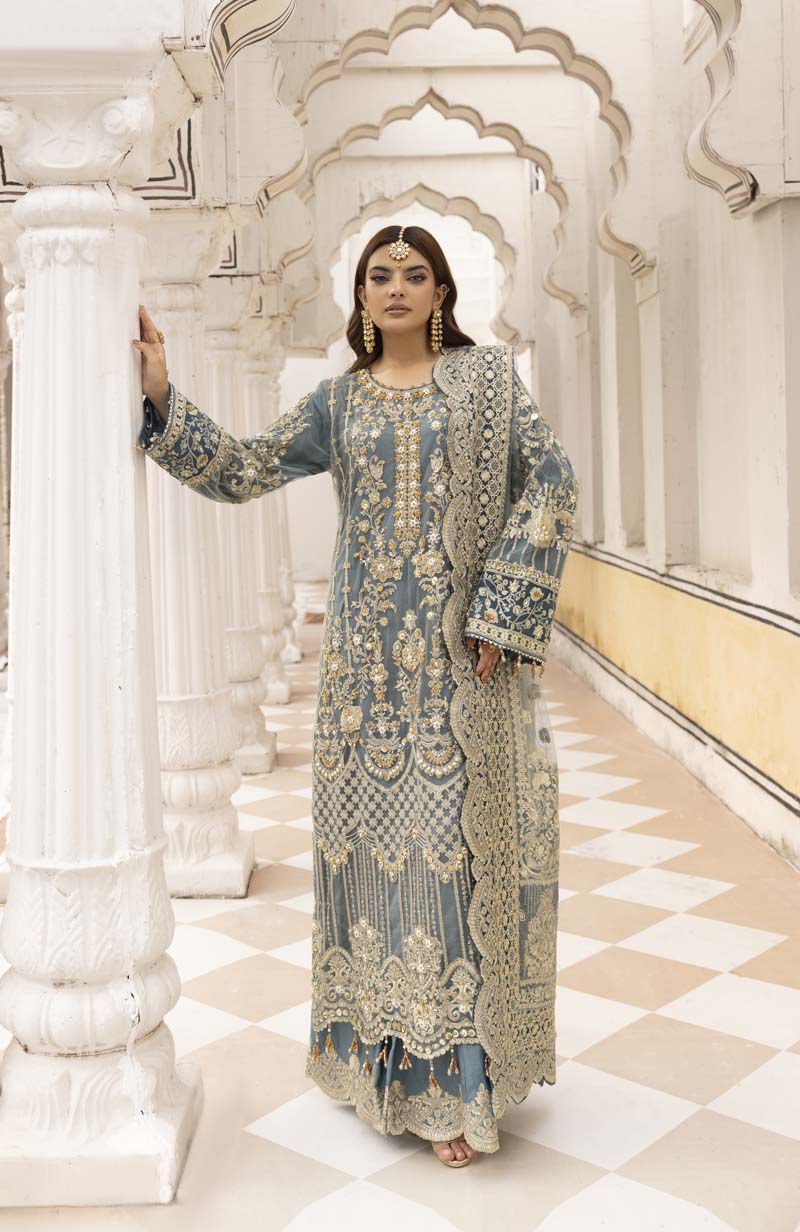 Imrozia Premium Inspired Embroidered 3 Piece Green Palazzo Wedding Outfit - Desi Posh
